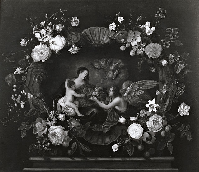 A. C. Cooper — Ijkens Frans - sec. XVII - Ghirlanda di fiori con angelo che offre un cesto di frutta alla Madonna con Bambino — insieme